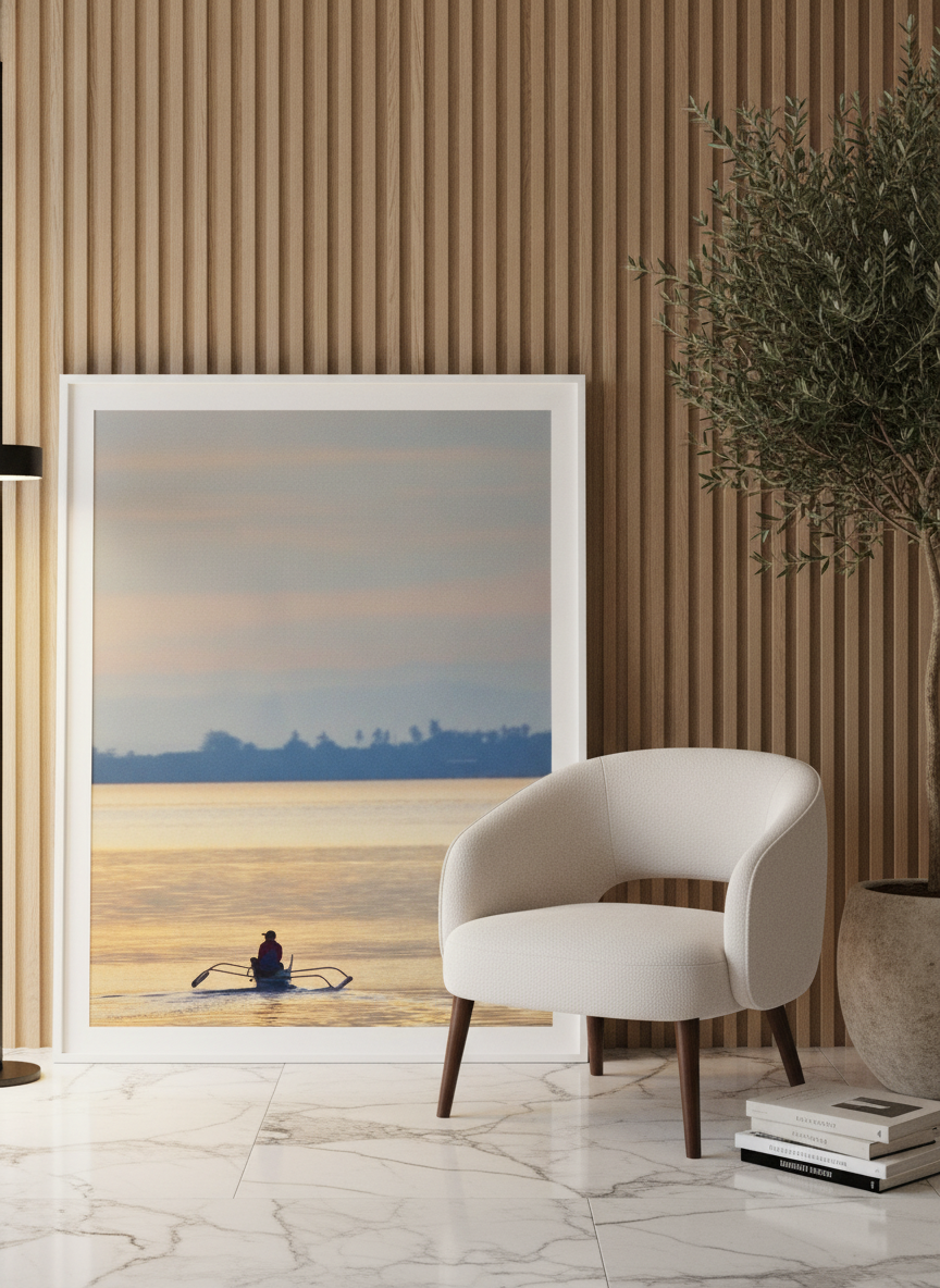 Modern wall art print leaning against the wall in a luxe bedroom