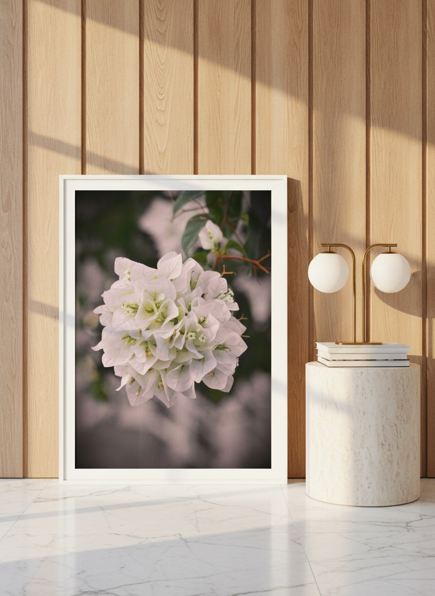 Modern wall art print leaning against the wall in a luxe bedroom