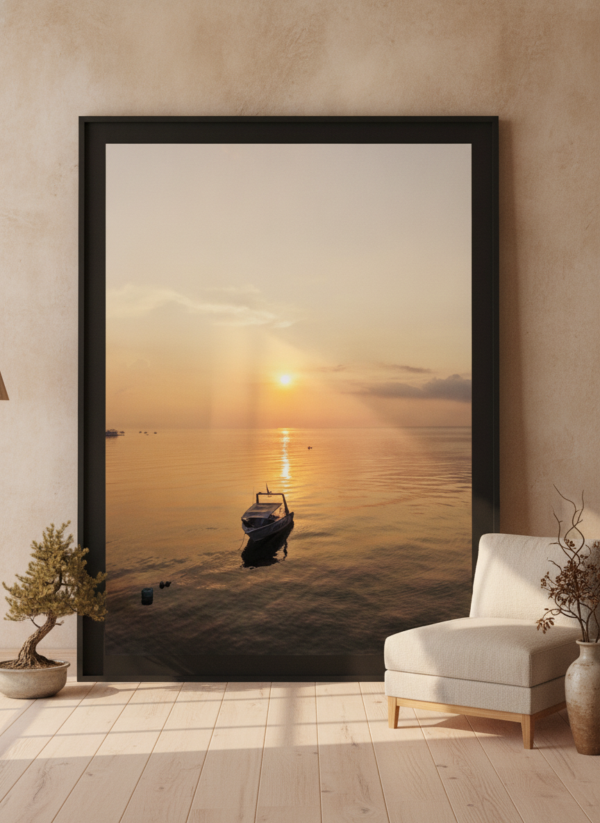 Oversized statement modern wall art print leaning against the wall in a warm Japandi living room