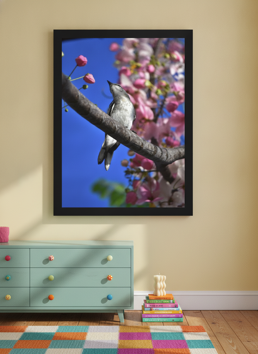 Modern wall art print styled on the wall in a colourful eclectic nursery