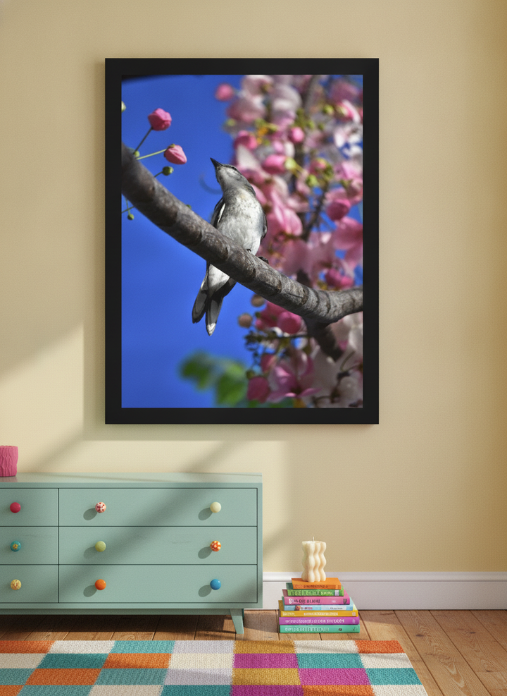 Modern wall art print styled on the wall in a colourful eclectic nursery