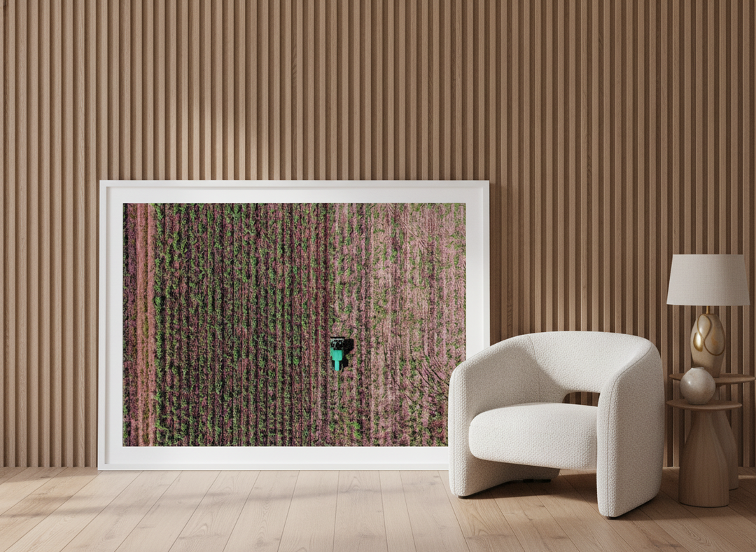 Modern wall art print leaning against the wall in a luxe living room