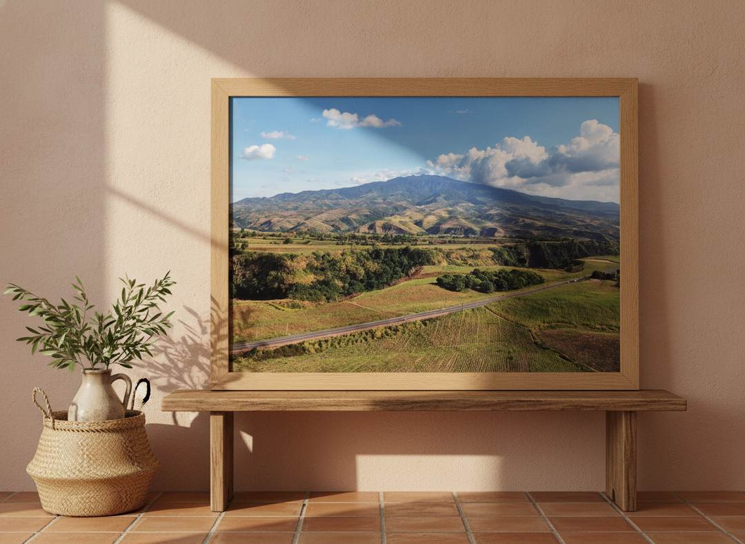 Modern wall art print standing on a bench in a Mediterranean home office