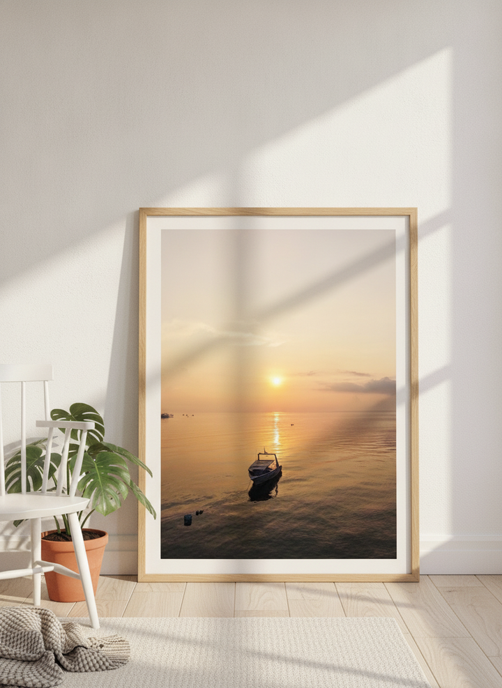 Modern wall art print leaning against the wall in a bright Scandinavian home office