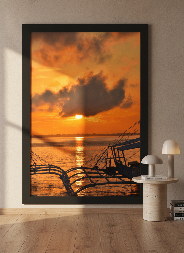 Oversized statement modern wall art print leaning against the wall in a luxe living room