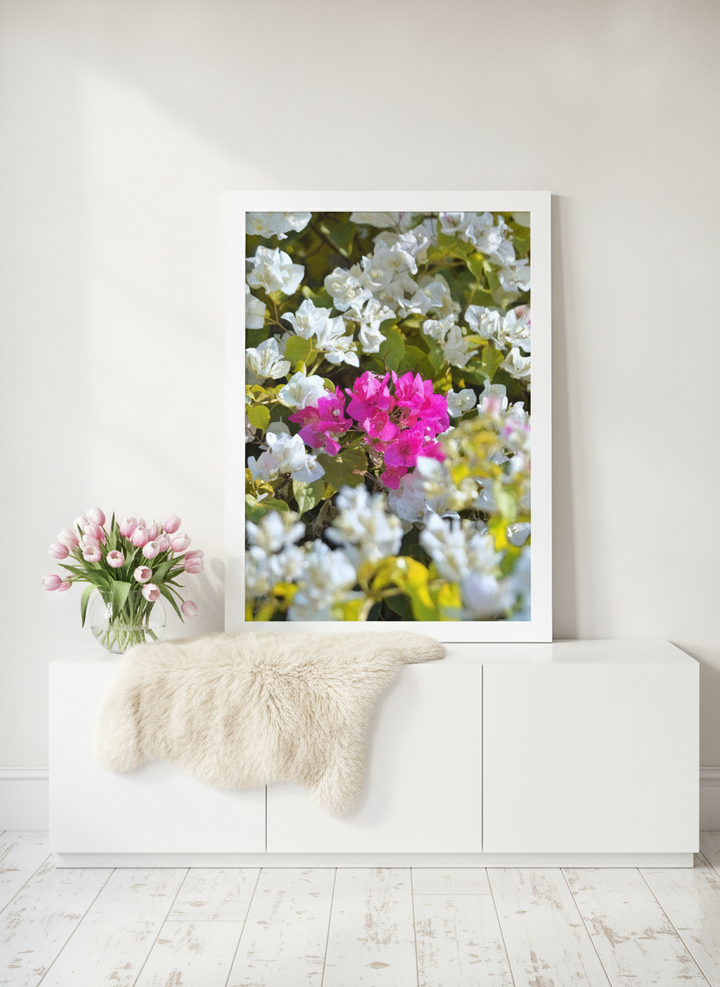 Modern wall art print standing on a sideboard in a bright Scandinavian bathroom
