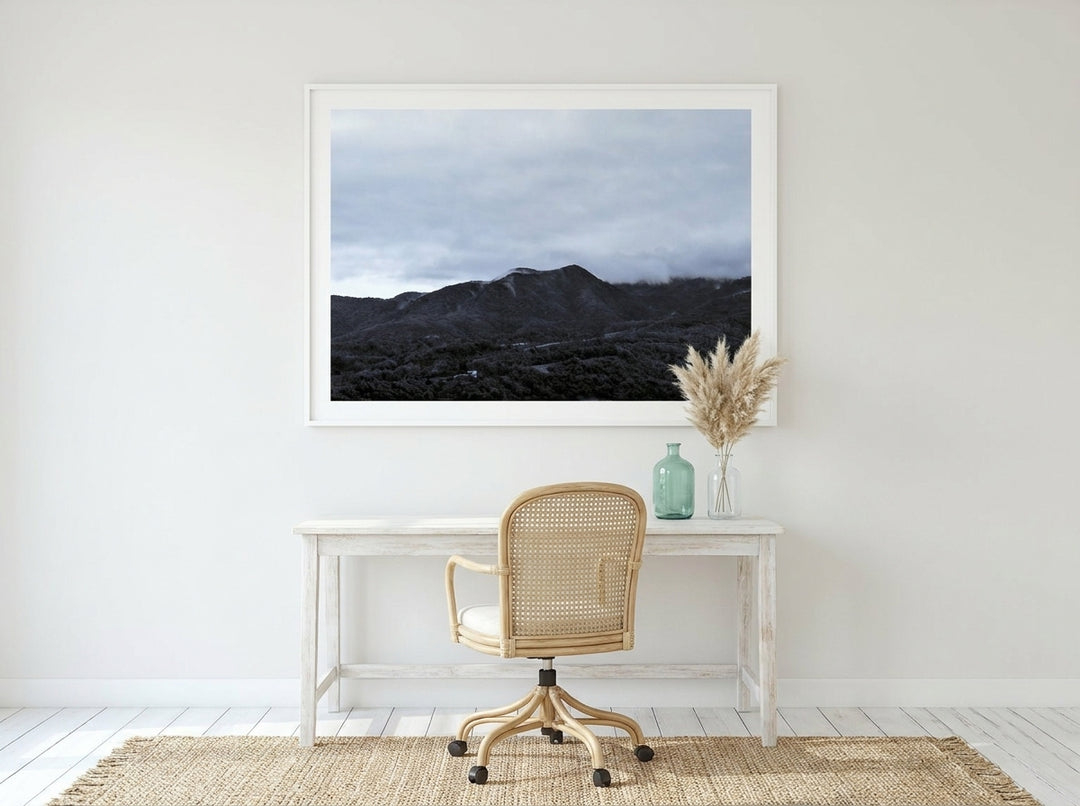 Modern wall art print styled on the wall in a coastal home office