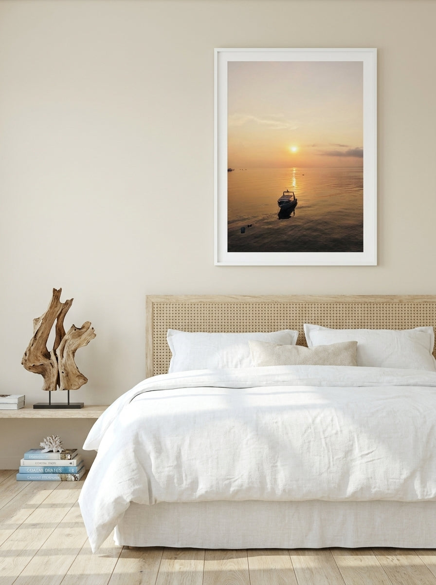 Modern wall art print styled on the wall in a coastal bedroom