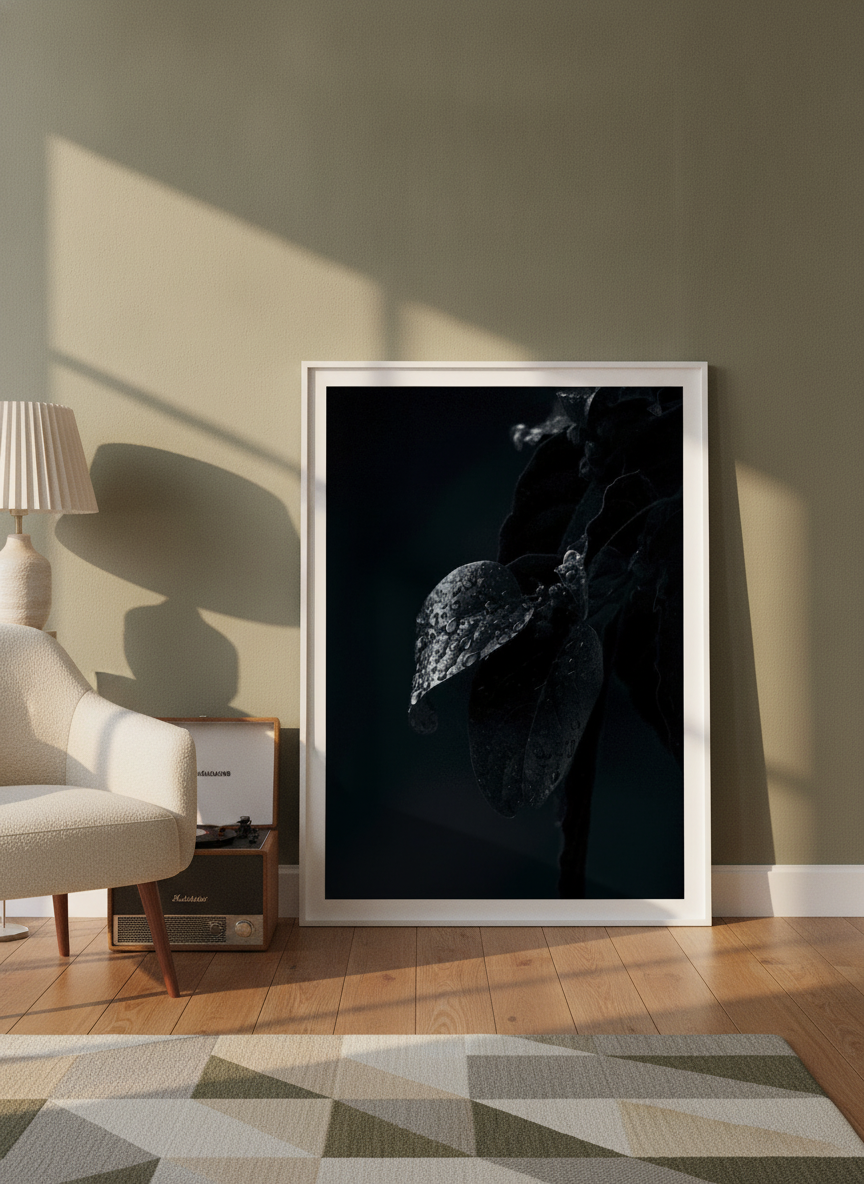 Modern wall art print leaning against the wall in a mid-century bedroom