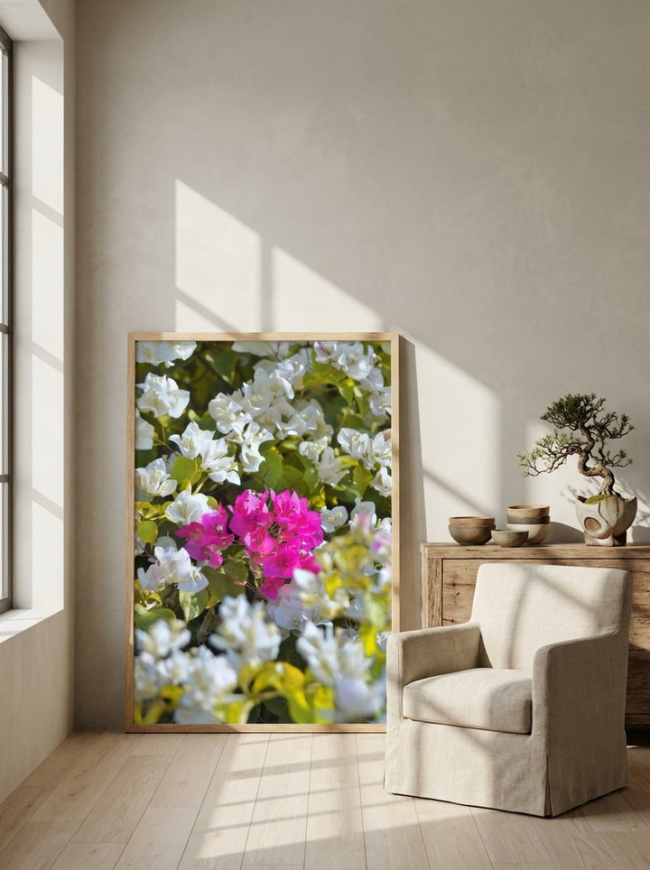 Oversized statement modern wall art print leaning against the wall in a warm Japandi dining room