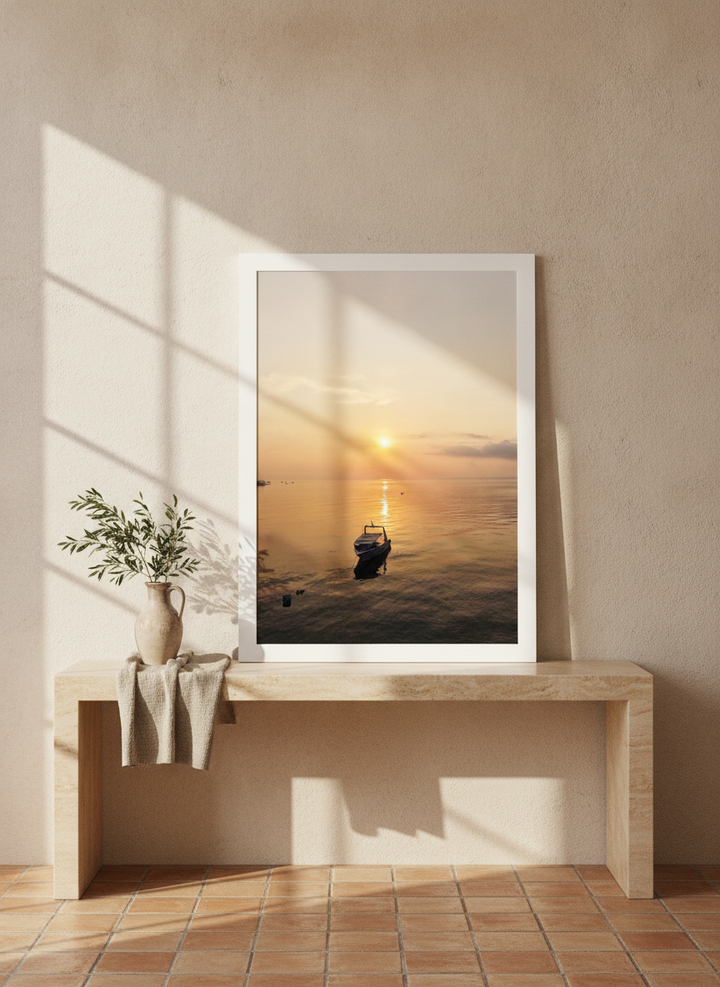 Modern wall art print standing on a console in a Mediterranean bedroom