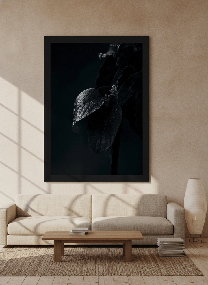 Oversized statement modern wall art print styled on the wall in a warm Japandi living room