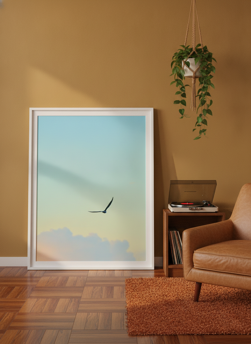 Modern wall art print leaning against the wall in a retro 70s bedroom