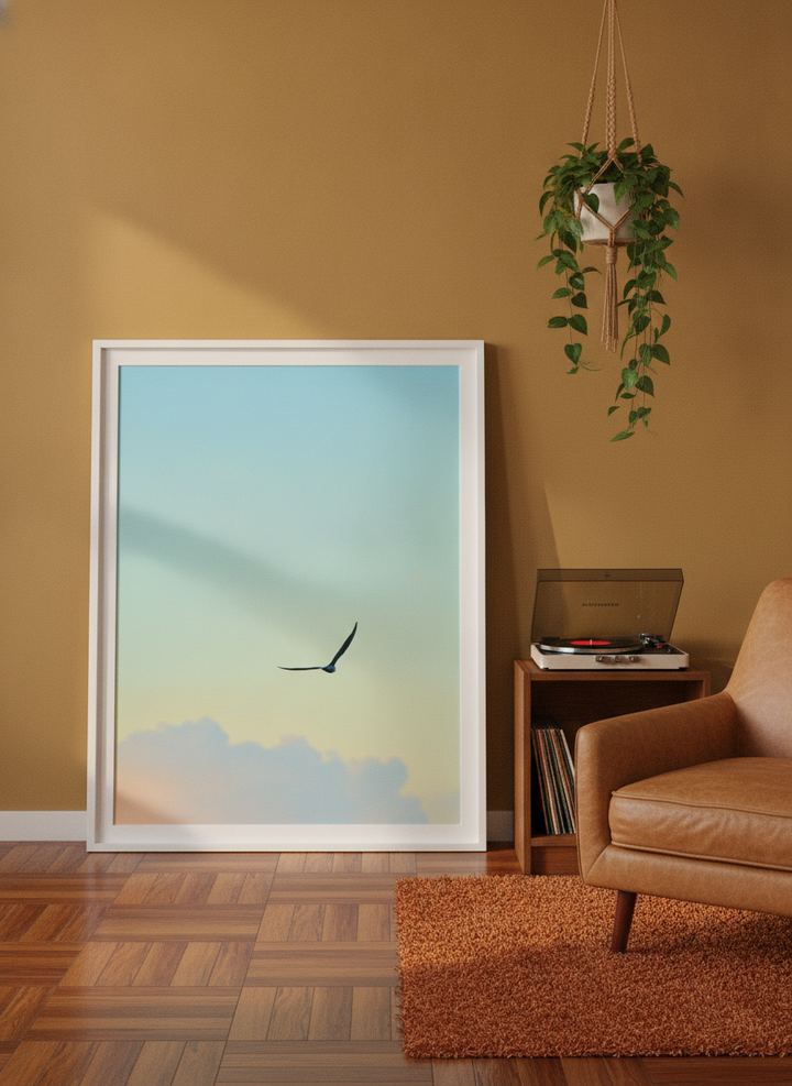 Modern wall art print leaning against the wall in a retro 70s bedroom
