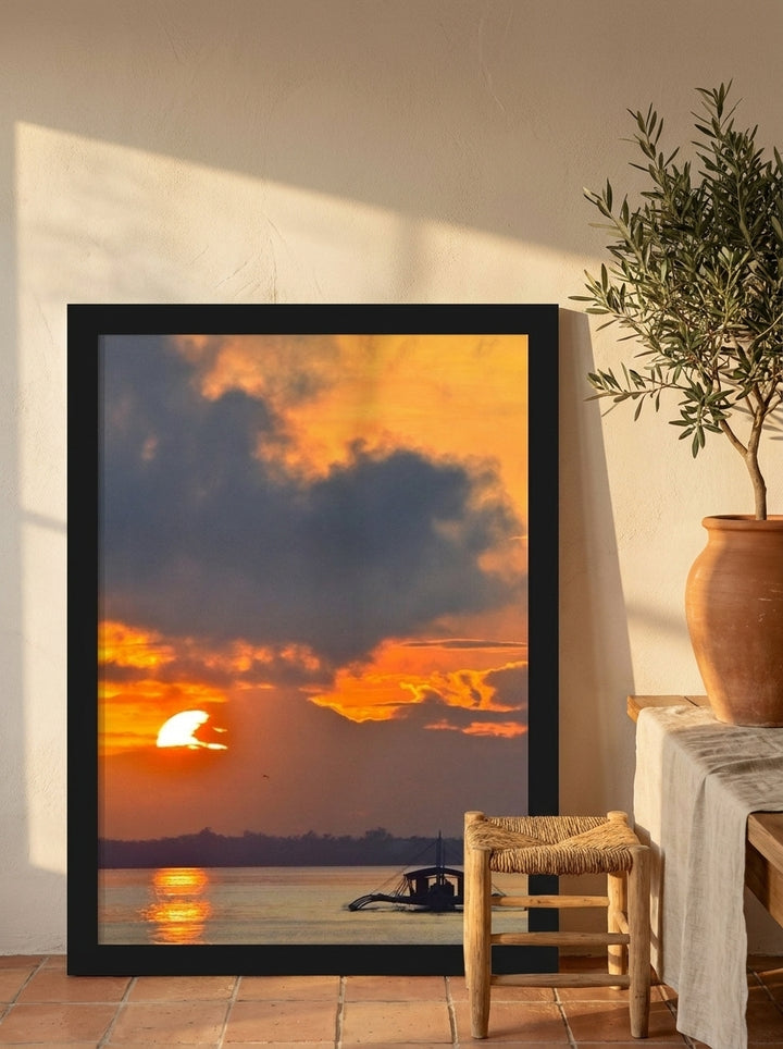 Modern wall art print leaning against the wall in a Mediterranean bedroom