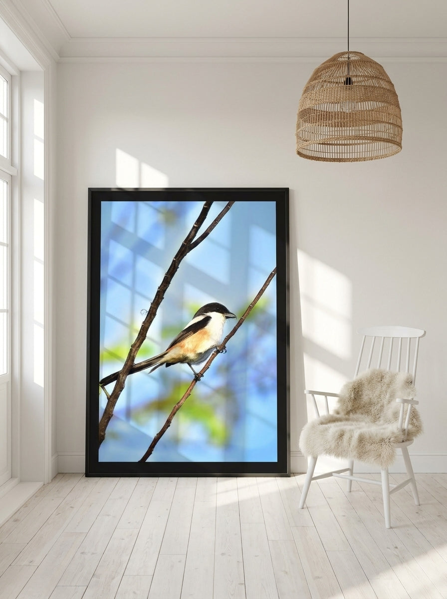 Oversized statement modern wall art print leaning against the wall in a bright Scandinavian bedroom