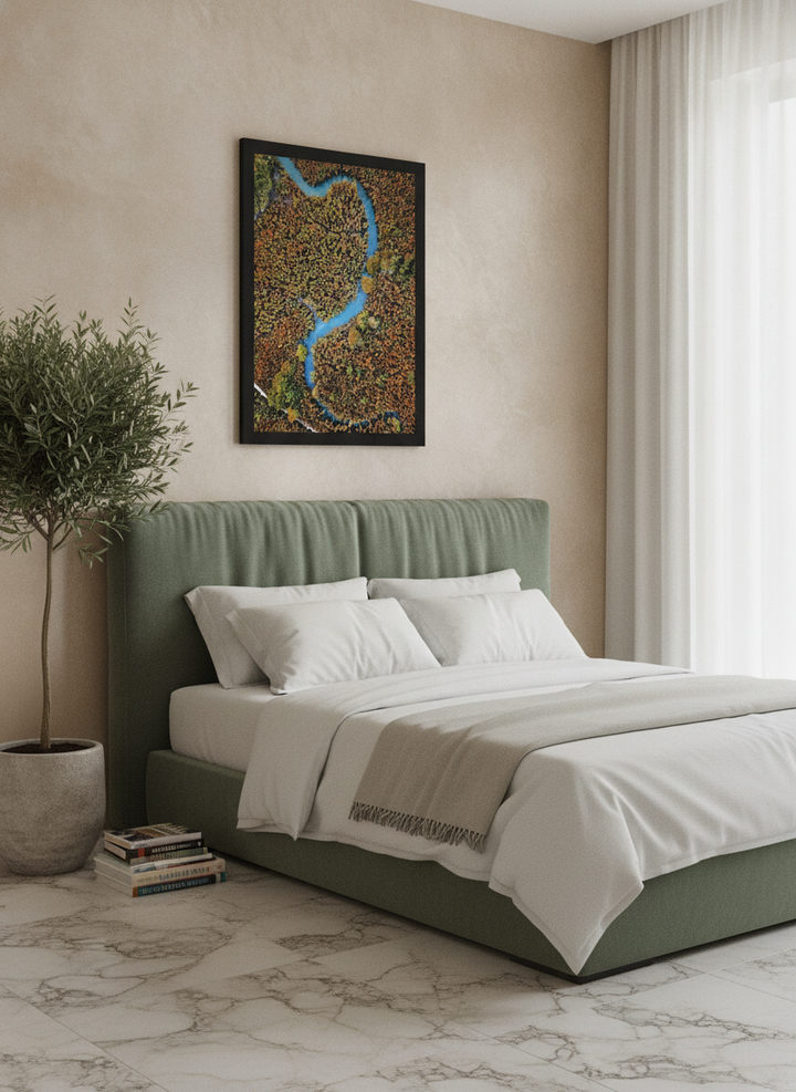 Modern wall art print styled on the wall in a luxe bedroom