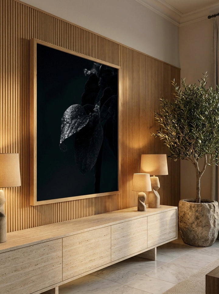 Oversized statement modern wall art print styled on the wall in a luxe living room