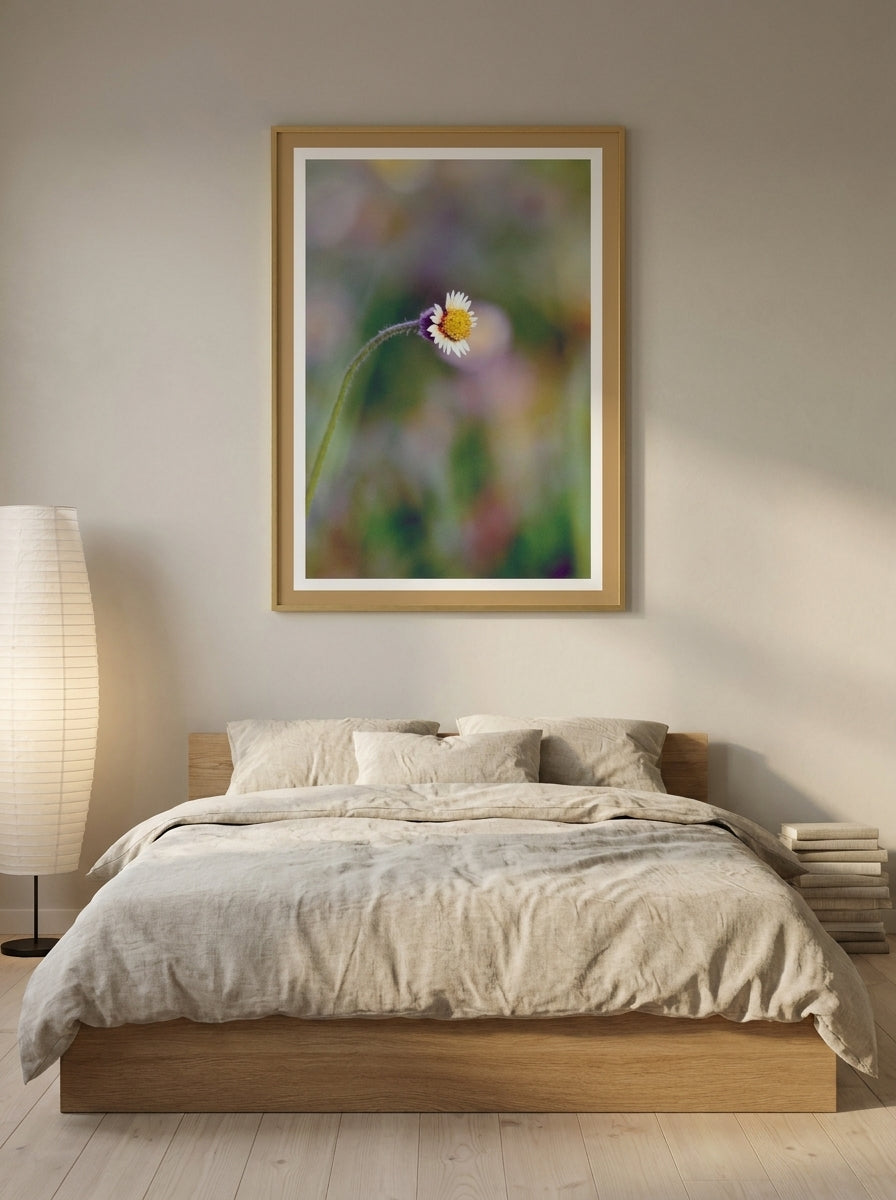 Modern wall art print styled on the wall in a warm Japandi bedroom