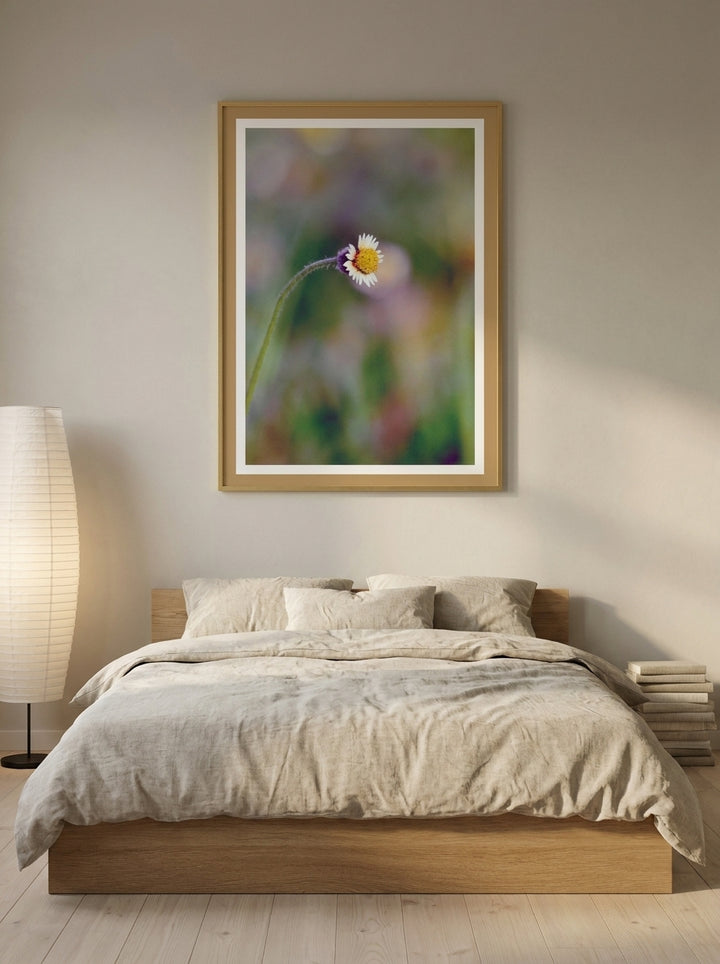 Modern wall art print styled on the wall in a warm Japandi bedroom