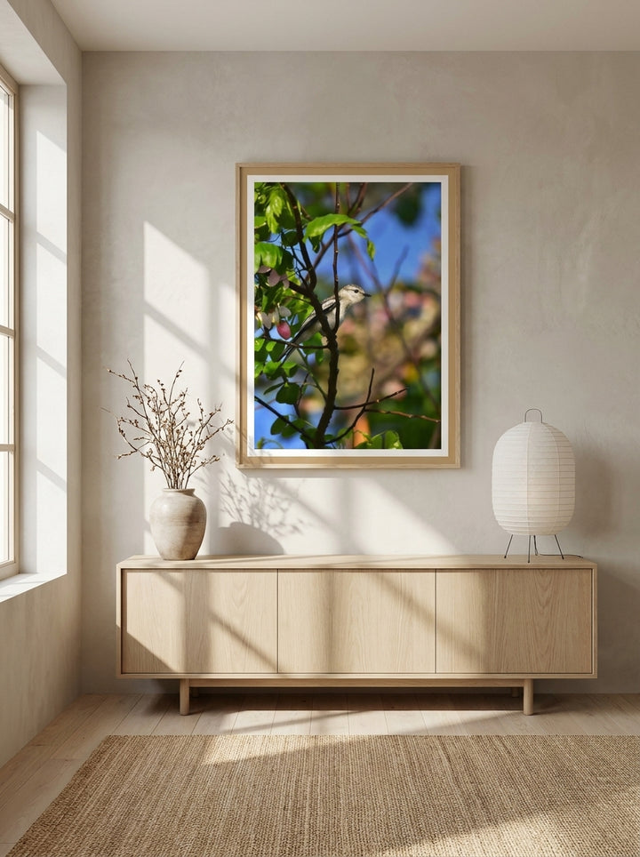 Modern wall art print styled on the wall in a warm Japandi living room