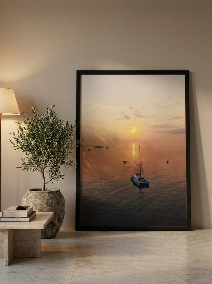 Oversized statement modern wall art print leaning against the wall in a luxe living room