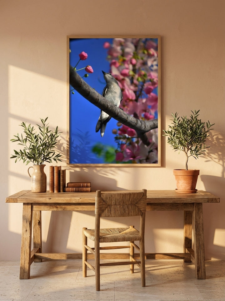 Modern wall art print styled on the wall in a Mediterranean home office