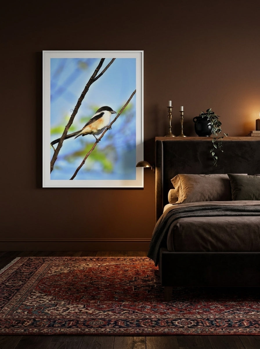 Modern wall art print styled on the wall in a moody bedroom
