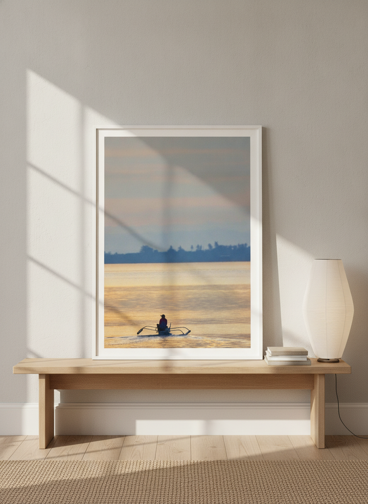 Modern wall art print standing on a bench in a warm Japandi home office