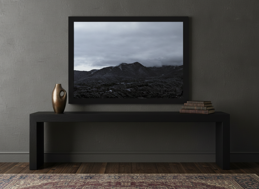 Modern wall art print standing on a console in a moody living room