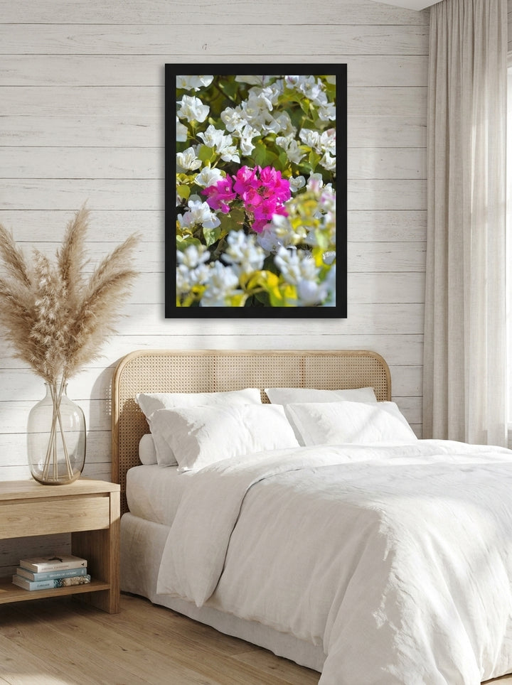 Modern wall art print styled on the wall in a coastal bedroom