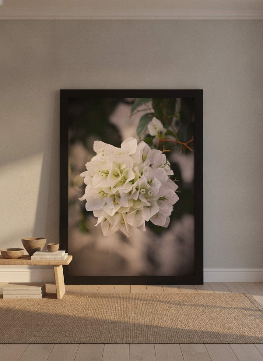 Oversized statement modern wall art print leaning against the wall in a warm Japandi living room
