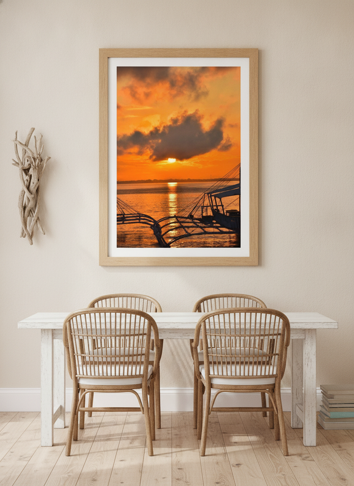 Modern wall art print styled on the wall in a coastal dining room