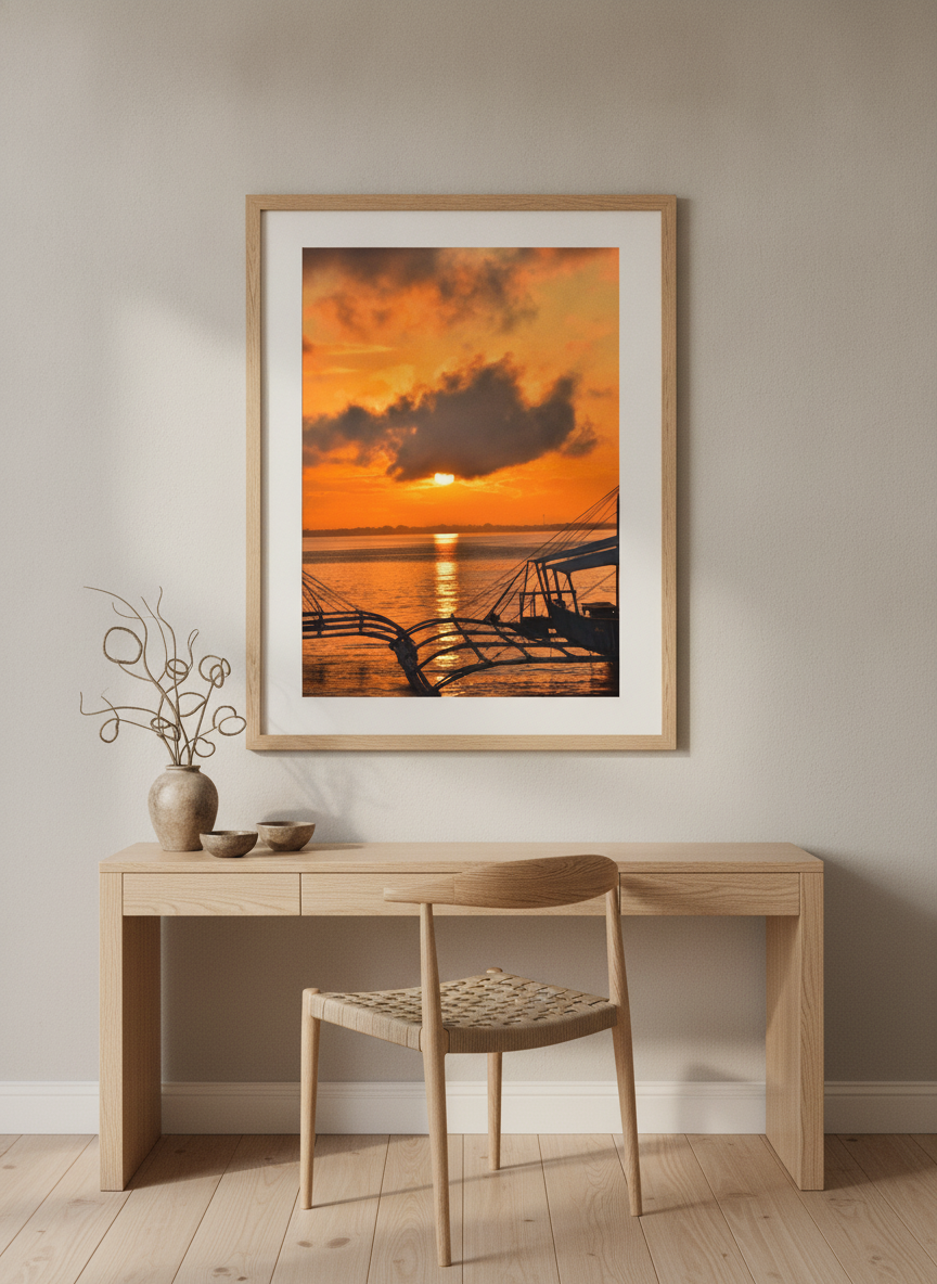 Modern wall art print styled on the wall in a warm Japandi home office