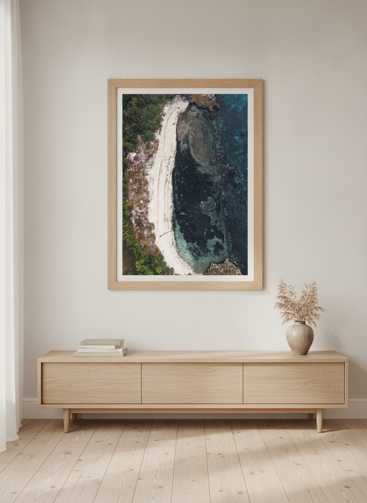 Modern wall art print styled on the wall in a warm Japandi living room