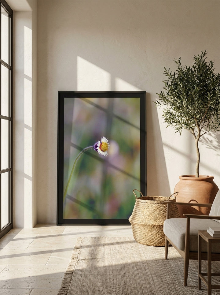 Oversized statement modern wall art print leaning against the wall in a Mediterranean home office