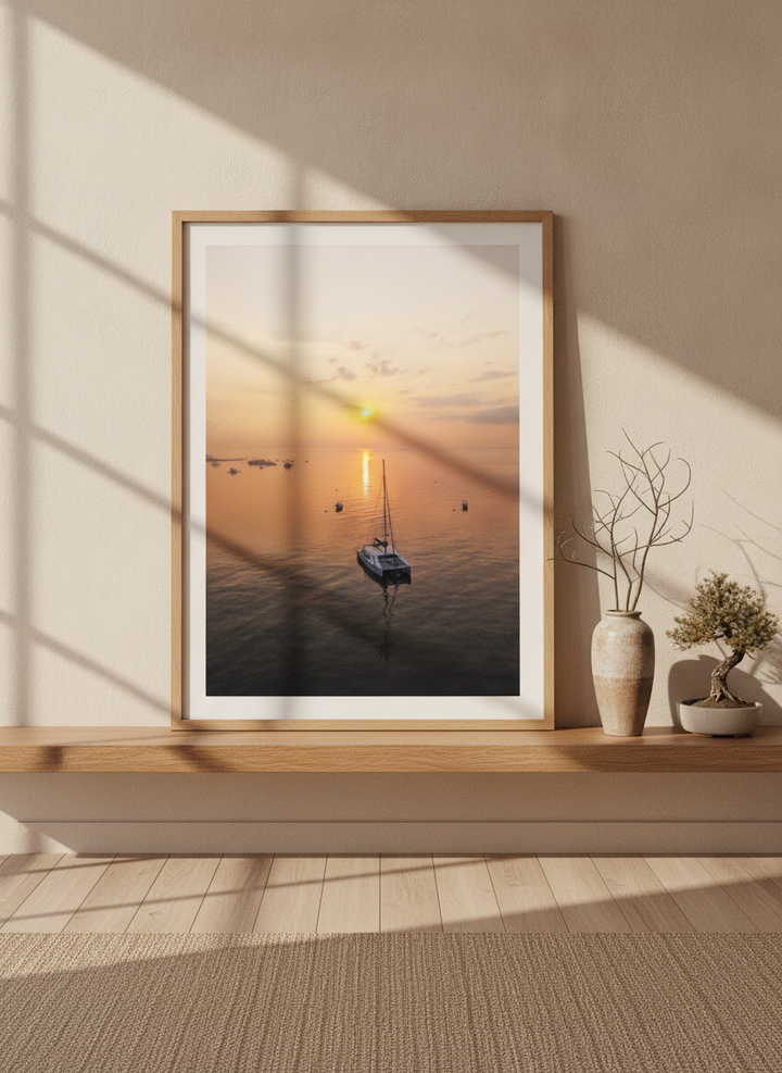 Modern wall art print standing on a shelf in a warm Japandi home office