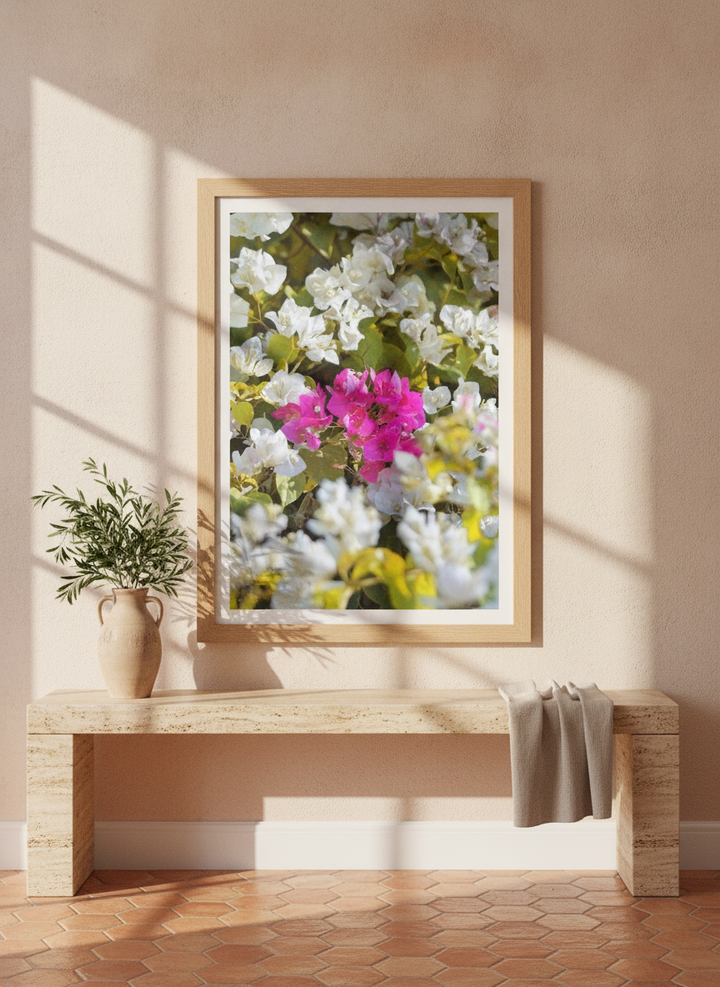 Modern wall art print styled on the wall in a Mediterranean living room