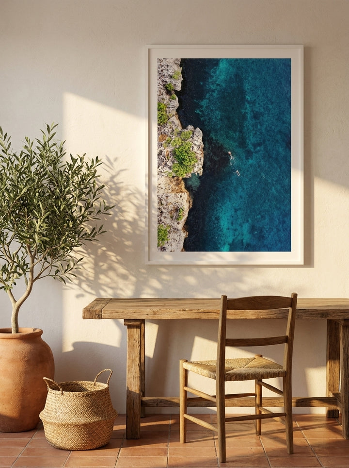 Modern wall art print styled on the wall in a Mediterranean home office