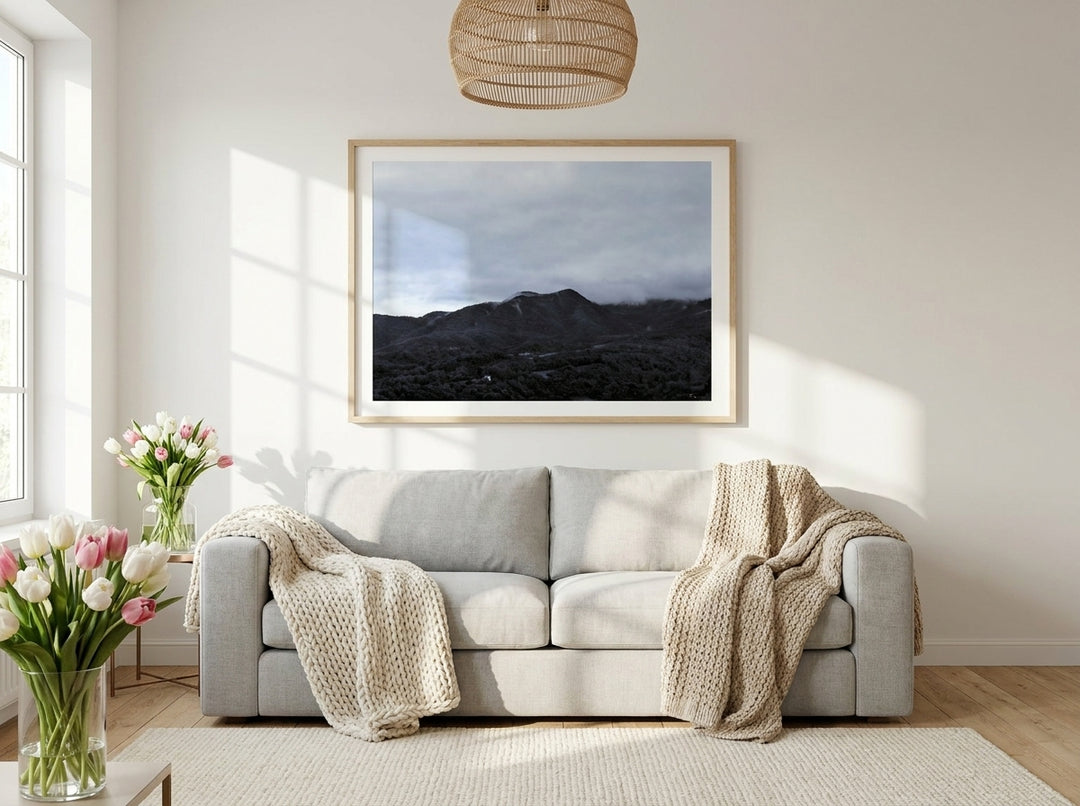 Modern wall art print styled on the wall in a bright Scandinavian living room
