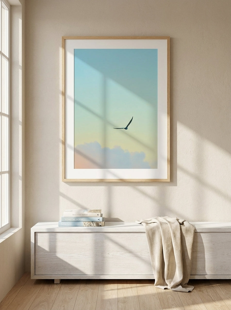 Modern wall art print styled on the wall in a coastal living room