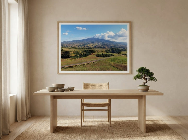 Modern wall art print styled on the wall in a warm Japandi home office