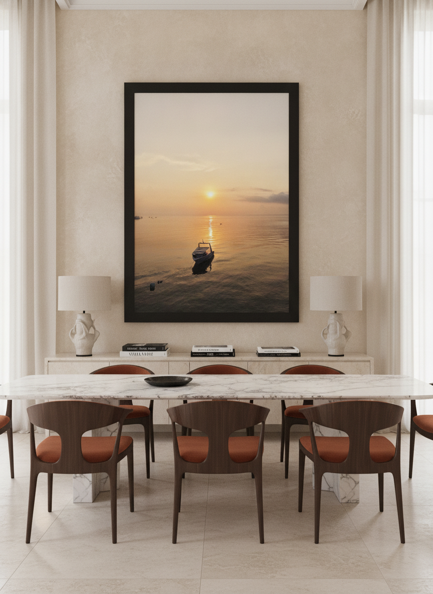 Oversized statement modern wall art print styled on the wall in a luxe dining room