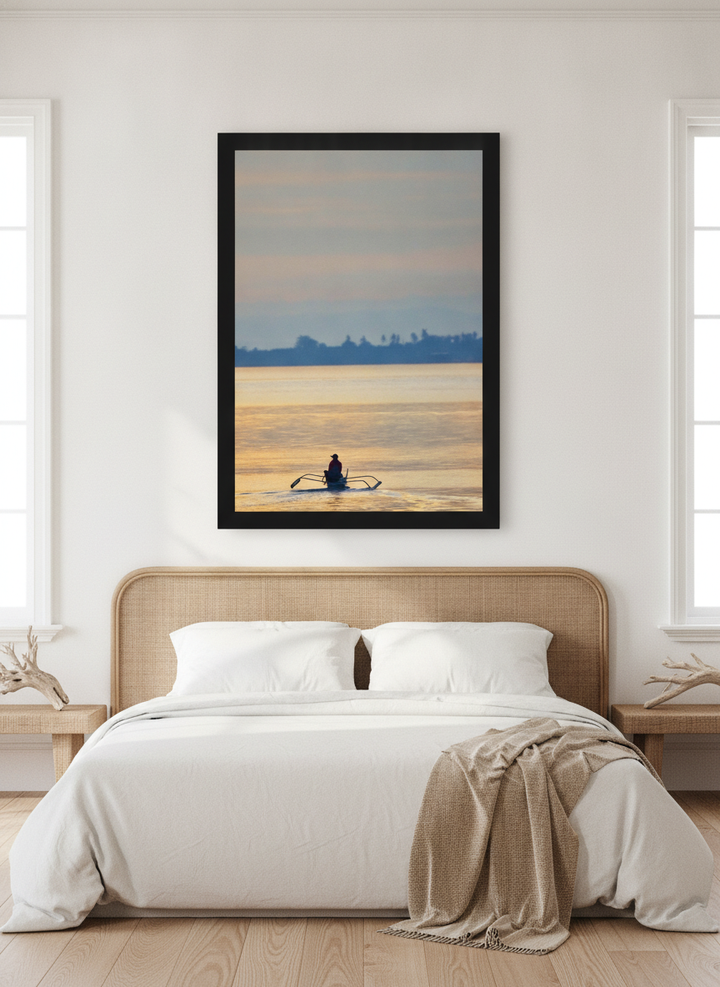 Oversized statement modern wall art print styled on the wall in a coastal bedroom