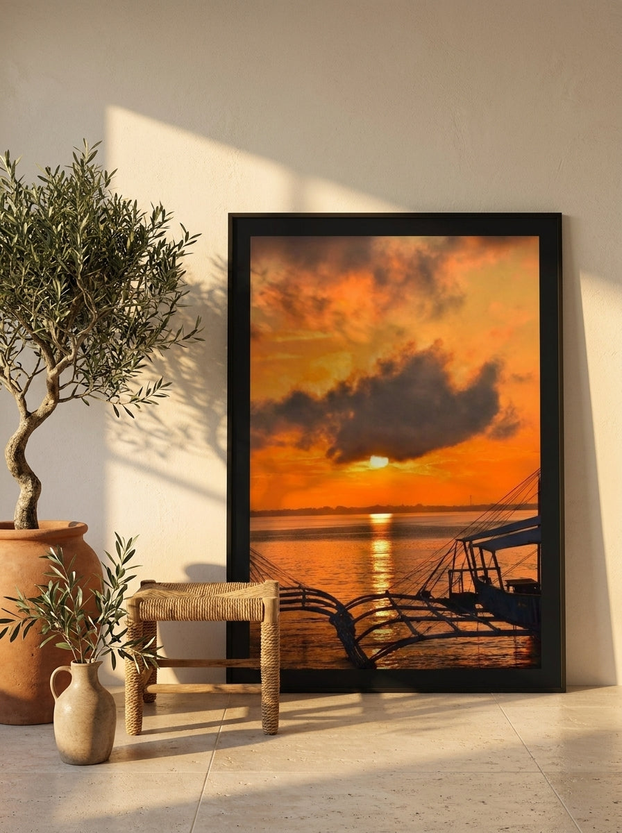 Oversized statement modern wall art print leaning against the wall in a Mediterranean living room