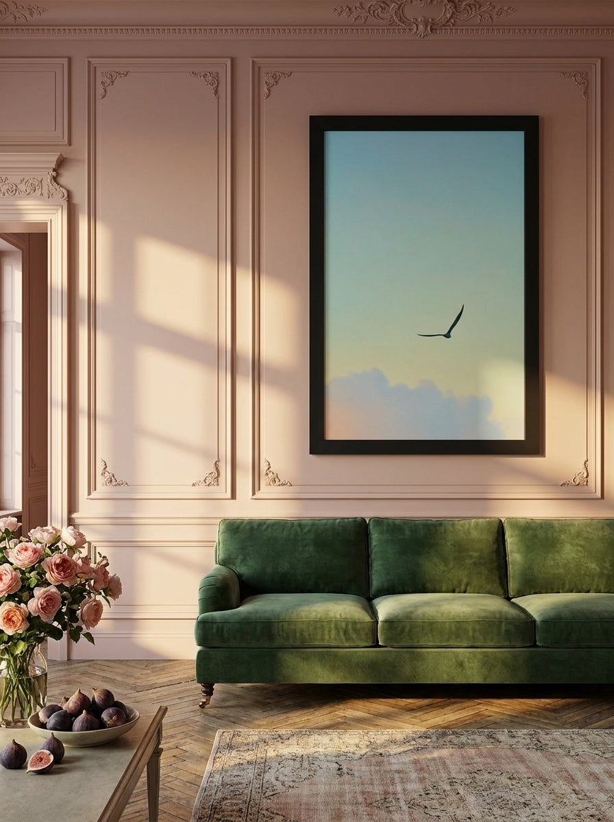 Oversized statement modern wall art print styled on the wall in a Parisian living room