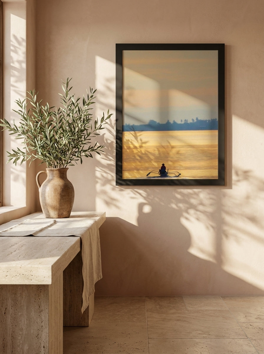 Modern wall art print styled on the wall in a Mediterranean living room