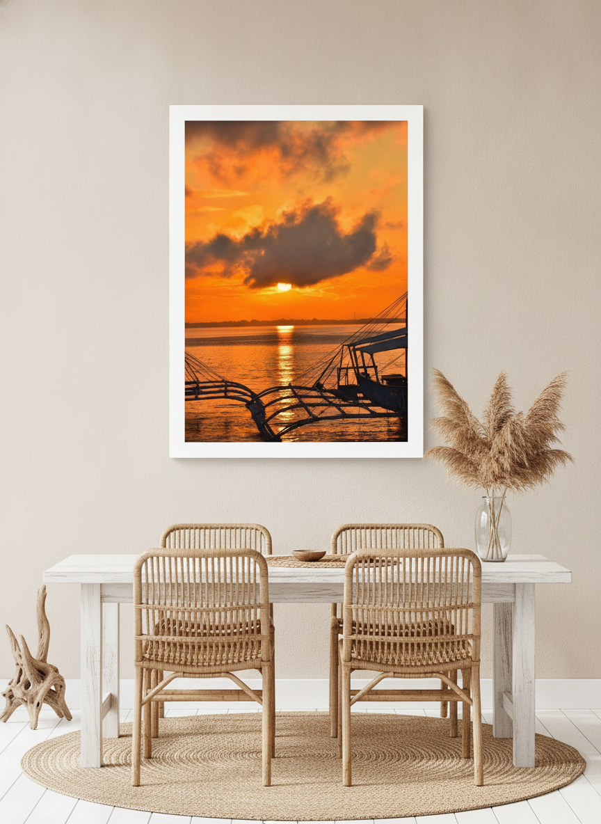 Modern wall art print styled on the wall in a coastal dining room