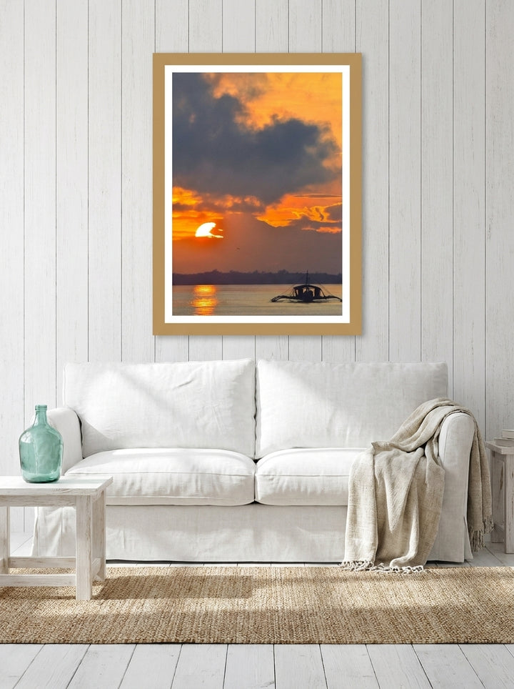 Modern wall art print styled on the wall in a coastal living room