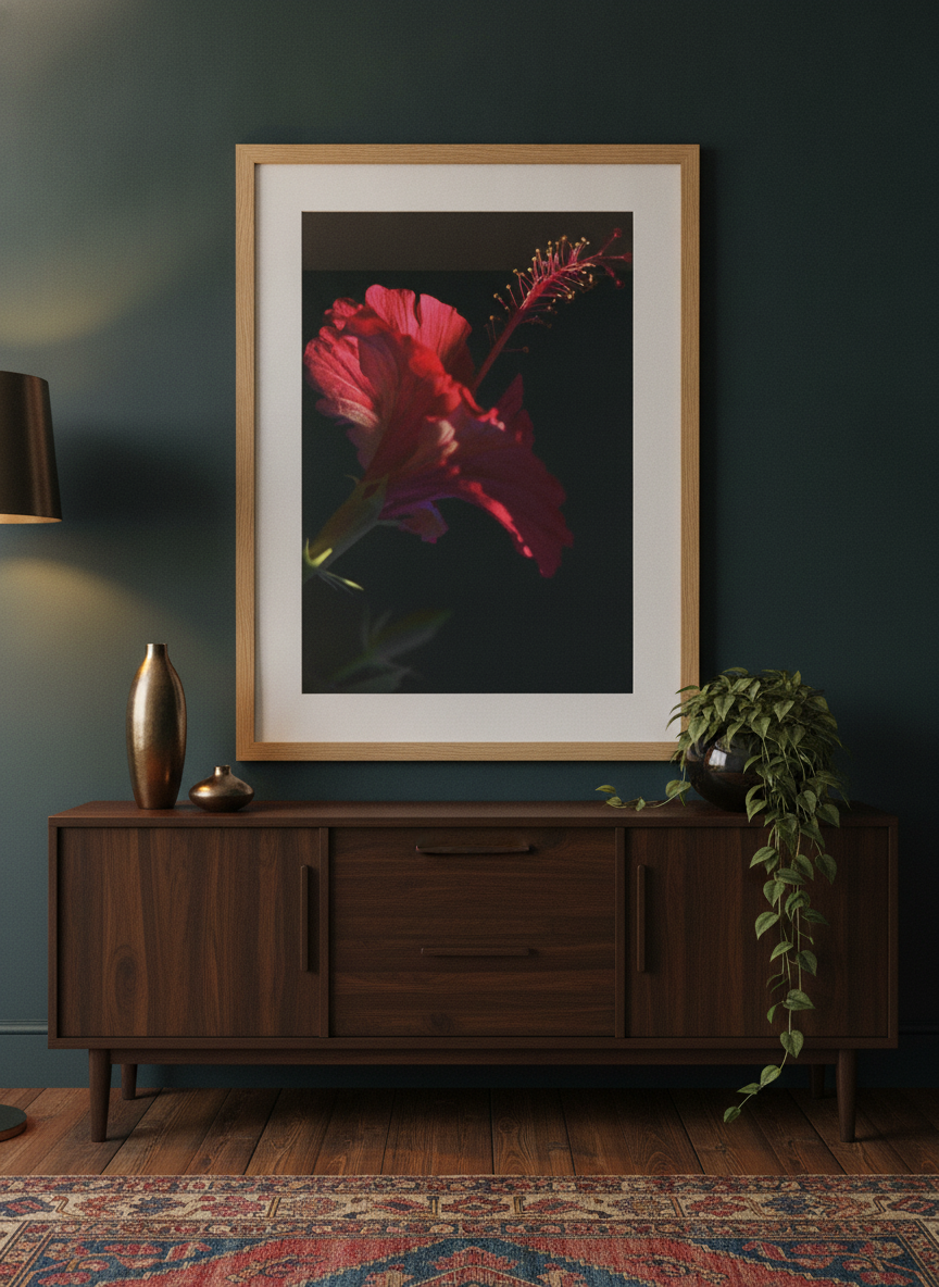 Modern wall art print styled on the wall in a moody living room